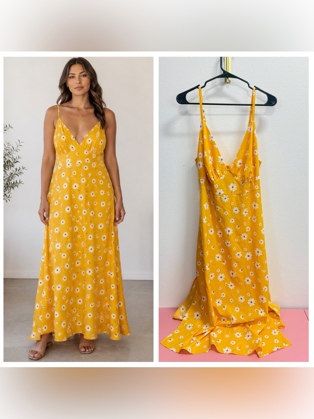 Forever 21 Spaghetti Strap Yellow Floral V-Neck Maxi Slip Dress